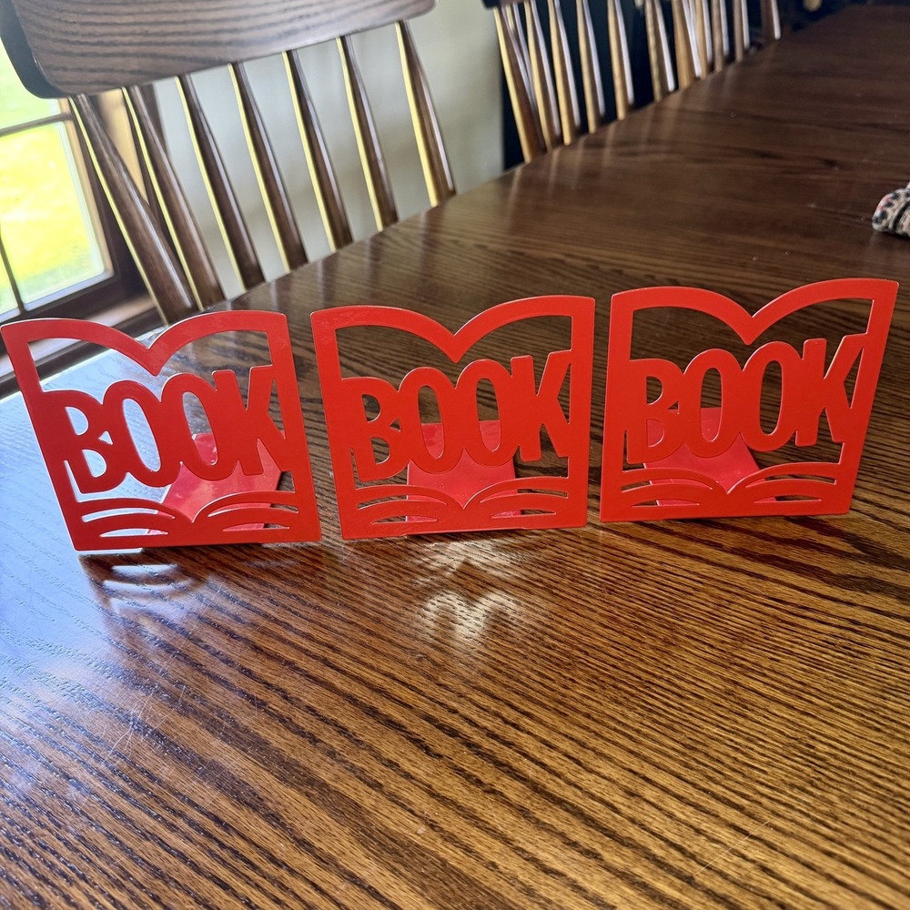 Vintage Red Metal Bookends / Book Dividers – Desk Shelf Organizer Set of 3 - Picture 2 of 7